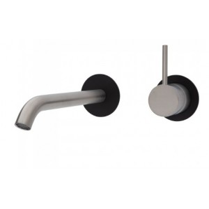 Kaya Up Wall Basin/Bath Mixer Set, Brushed Nickel, Matte Black Round Plates, 200mm Outlet